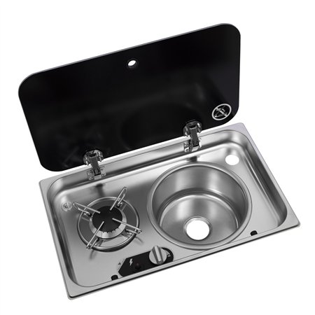 réchaud à gaz 1 feu encastrable avec couvercle en acier inoxydable + évier à droite 526 ×326 - navy load 400278