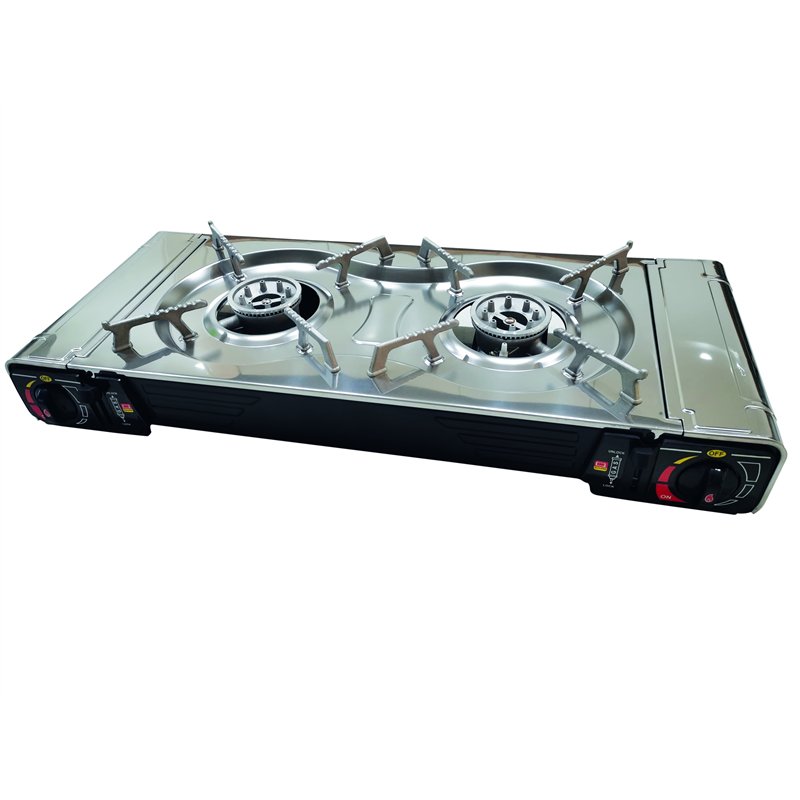 Réchaude à Gaz Camping 2 Feux Portable Avec Bac Barbecue - 1,15 KW Par Brûleur | Mallette Rangement & Supports Casseroles
