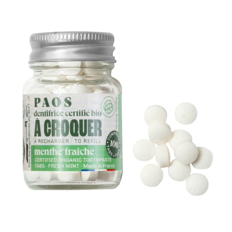 dentifrice à croquer bio - menthe fraîche - flacon de 100 pastilles - paos 3770014398758