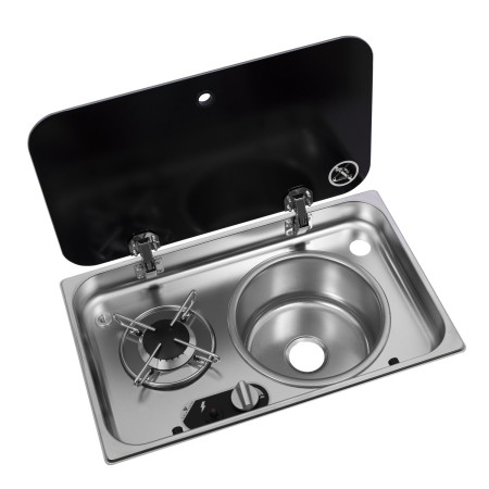réchaud à gaz 1 feu encastrable avec couvercle en acier inoxydable + évier à droite 526 ×326 - navy load 8057204291118