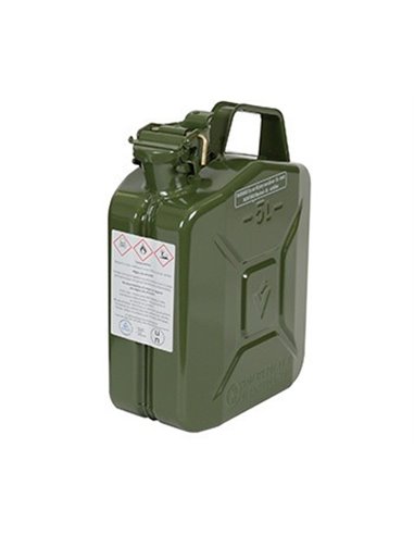 Jerrican métallique 5 litres. Peinture extérieure à la poudre couleur vert armée. Traitement intérieur antirouille et résistant 