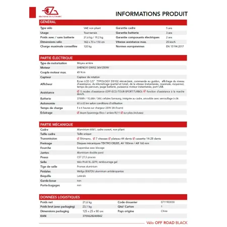 Vélo Électrique VTC All Road 27.5" Noir EZA 36V 374Wh | Batterie Samsung