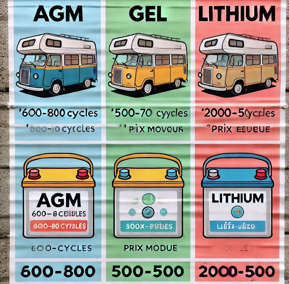 Schéma comparatif des batteries AGM, Gel et Lithium pour camping-car